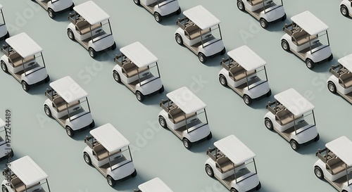 Multiple Modern White Golf Carts Arranged in Pattern on Light Green Surface