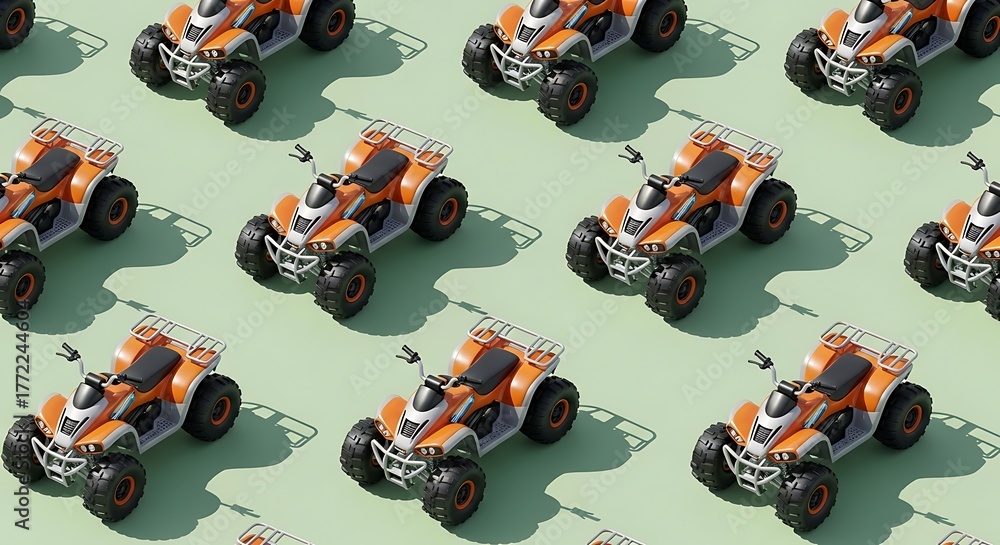 Multiple Small Orange Off-road Vehicles on Light Green Background