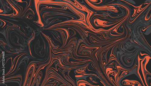 Bold orange and black marble swirl background with dramatic abstract fluid pattern. Modern vibrant texture for creative design and stylish wall art.