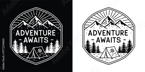 Retro hexagonal badge with mountains, pine trees, and a tent, featuring the text adventure awaits, isolated on white background