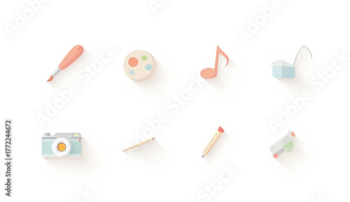 A collection of pastel-colored icons representing various creative hobbies and tools on a white background.