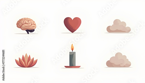Collection of icons representing mental health, including a brain, heart, lotus flower, candle, and clouds.