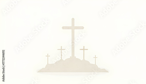 A minimalist illustration of four crosses on a hill, symbolizing faith and spirituality.
