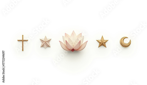 Religious symbols arranged in a row: cross, star, lotus flower, star, crescent moon on a white background.