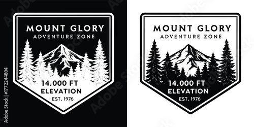 Vintage emblem for mount glory adventure zone, featuring a mountain peak, pine trees, and elevation details, ideal for outdoor and travel themes
