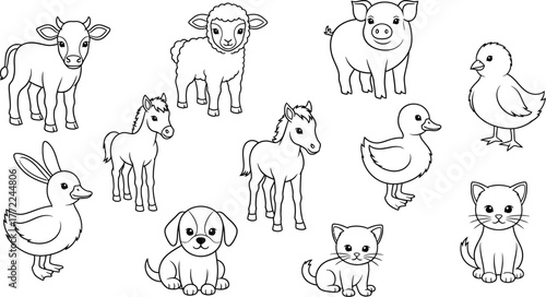 Farm animals cartoon vector illustration cow sheep pig chick duck horse cat dog