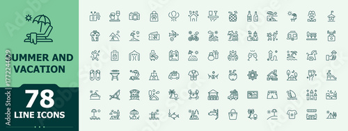 Set of Summer Vacationline icon. Tour minimal linear icons. Outline icons in linear style. Camp vector icon set. Editable stroke collections.