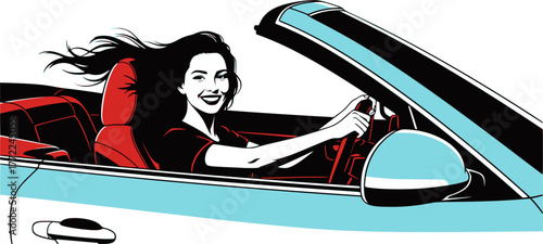 Happy girl rides car. Driving, trip, travel concept. Cartoon vector illustration. EPS version.
