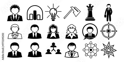Collection of business and strategy icons featuring people, graphs, tools, and abstract shapes