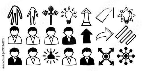Illustration of diverse icons including people, arrows, and light bulbs in a doodle style design