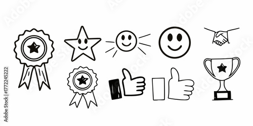 Hand drawn doodle style icons featuring awards, smiley faces, thumbs up, handshake, and a trophy illustration