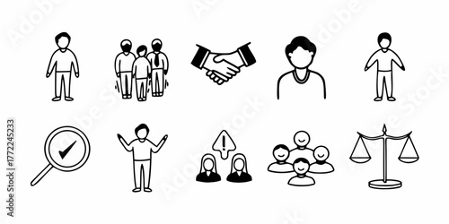 Illustration of business and law related icons including people handshake and scales of justice drawn in black