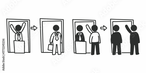 Stick figures showing a progression of a person going through a series of doors or checkpoints