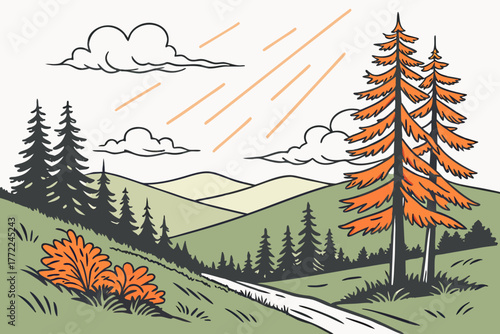 Vibrant Autumn Forest Landscape with Sun Rays and Winding Path.