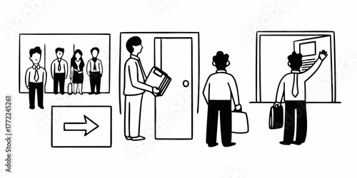 People in office setting with waiting room, arrow sign, door and office presentation shown in black and white