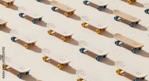 Assorted Skateboards with White Decks and Colorful Wheels Arranged in Pattern