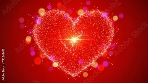Vibrant Sparkling Red Heart with Radiant Core and Festive Bokeh Lights on a Red Background, Symbolizing Love and Celebration