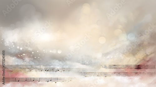 musical notes sheet music background illustration on christmas landscape, poster for christmas concert watercolor