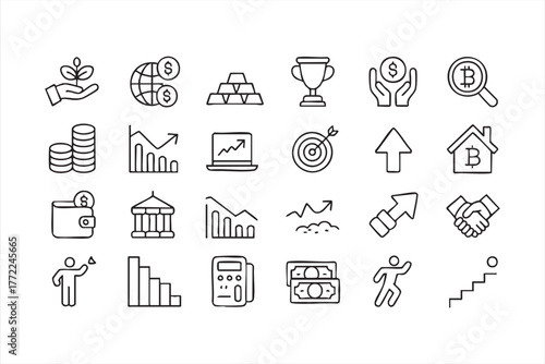 Outline icons of profit, currency, and success for corporate use