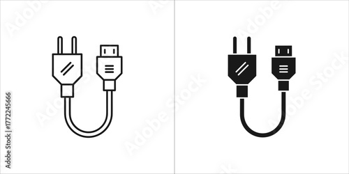 Black and white power cable icon for web design