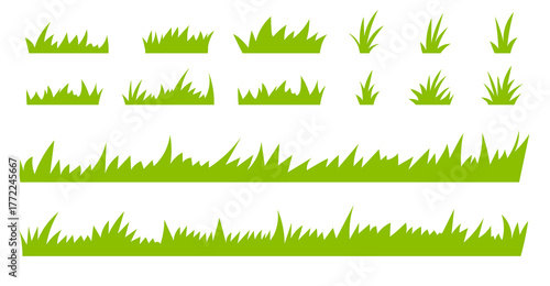 Set of flat green grass silhouette isolated on white background. Vector illustration. 
