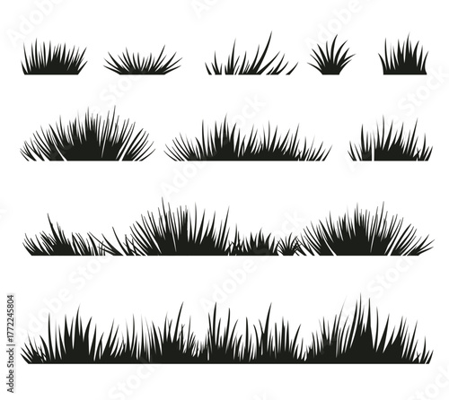 Set of black flat grass silhouette isolated on white background.. Vector illustration. 
