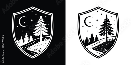 Vintage crest emblem with a pine tree and crescent moon under a starry night sky, set against a dark background and a white background