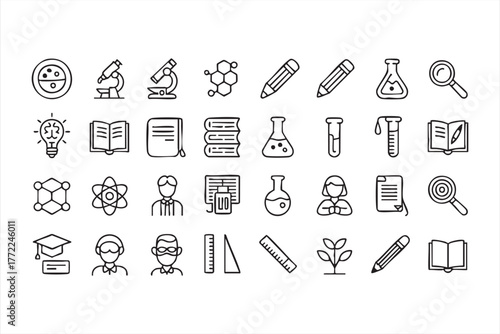 Outline icons of research, study, and innovation for education