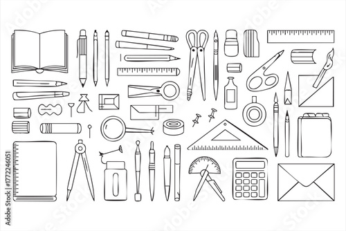 Black line stationery and office icon set for school and design use