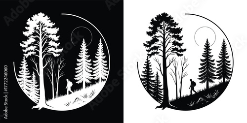 Hiker in a pine tree forest landscape within a circle, black and white design