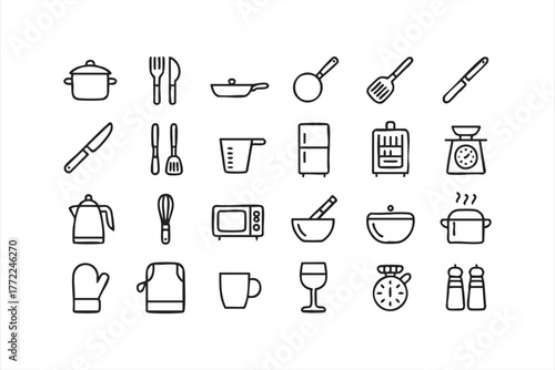 Black line kitchen utensil and cooking icon set for culinary projects