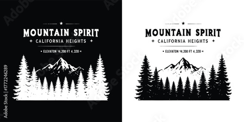 Mountain spirit emblem with pine trees and mountain range, featuring text mountain spirit and call for heights, symbolizing aspiration and nature