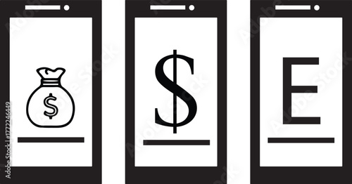Minimal mobile payment and e-commerce icon design featuring smartphone screens with money, dollar, and letter symbols — perfect for online business, finance app, and digital transaction themes.