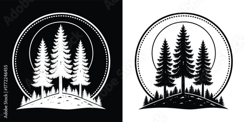Circular emblem featuring a silhouette of pine trees and a stylized landscape, evoking a sense of wilderness and exploration