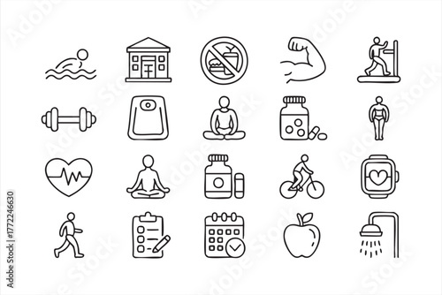 Thin line health and activity illustrations for medical and sport use