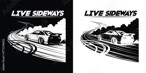 Black and white graphic illustration of a sports car drifting with smoke, text live sideways, on black and white backgrounds