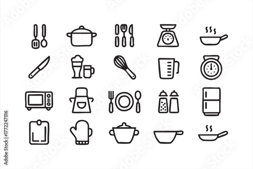 Black line kitchen and cooking icon set for restaurant and home projects