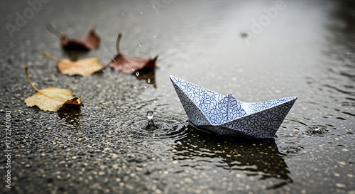 Fototapeta Naklejka Na Ścianę i Meble -  A weathered origami paper boat rests on a rain-wet pavement beside scattered autumn leaves. at dawn