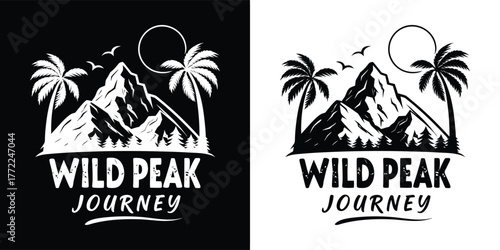 Stylized graphic emblem with a mountain peak, palm trees, and birds, featuring the text wild peak journey in a bold, distressed font, shown on black and white backgrounds