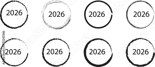 Set of Grunge Hand-Drawn Circular Frames with 2026 Year for Logos, Badges, and Design Elements