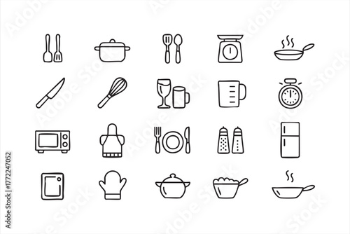 Outline icons of food preparation and kitchen tools for design templates