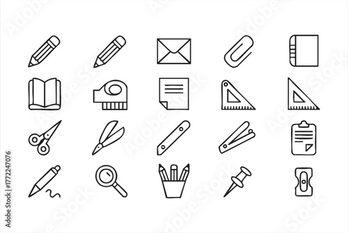 Black line stationery and office icon set for school and creative use