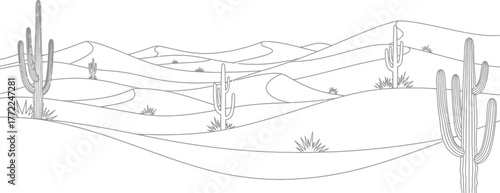 Desert landscape sand dunes cactus arid nature wilderness outline drawing art