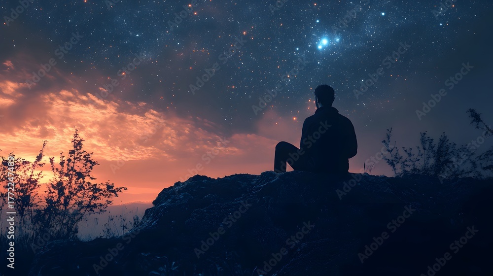 Fototapeta premium A lone figure sits on a rocky outcrop under a breathtaking starry sky, contemplating the vastness of the universe.