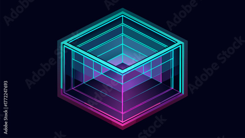 Isometric Wireframe Cube. Abstract 3D Geometric Illustration with Neon Glow for Modern Technology and Design Backgrounds.