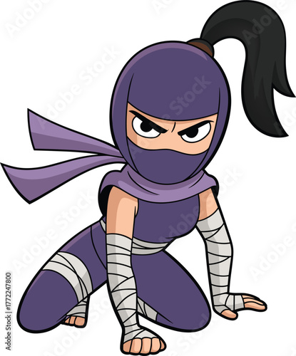 Female ninja warrior in purple costume crouching ready to attack, martial arts fighter cartoon illustration, stealth action pose vector design art