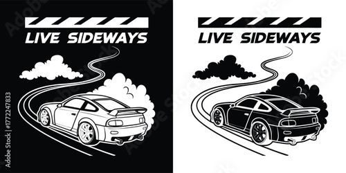 Drifting car with smoke and text live sideways on black and white backgrounds, dynamic motorsport concept