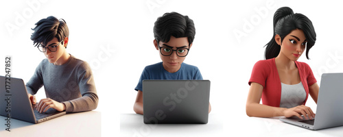 3D Vector Students and Young Professionals Working on Laptops – Modern People Studying and Typing on White Background