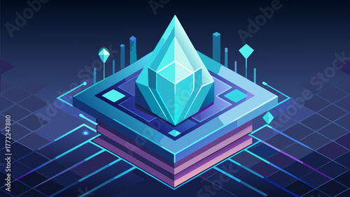 Abstract Isometric Gemstone with Platform and Geometric Shapes. Abstract Concept, Futuristic Decoration Object Design Element Template Background Vector Illustration.
