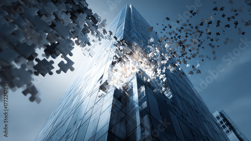 Innovative joint venture deal negotiation concept with modern building and puzzle pieces